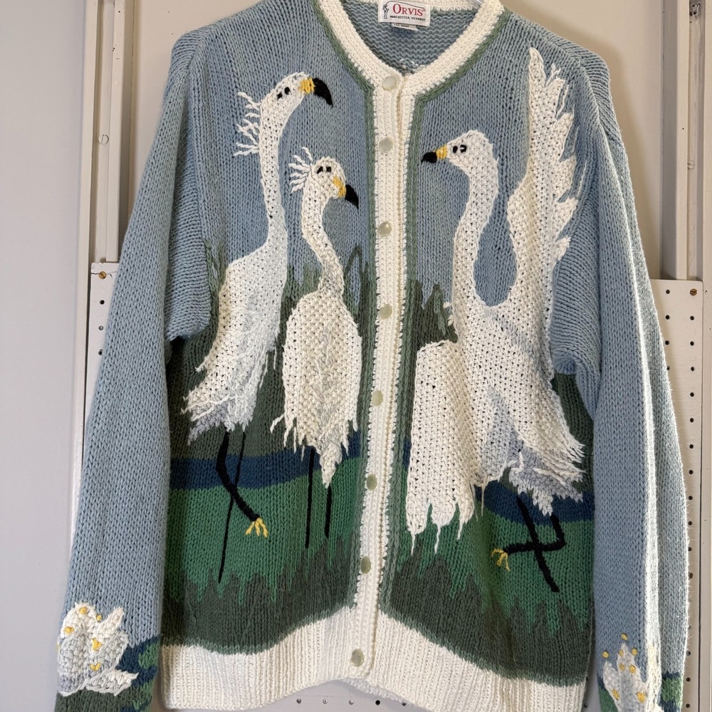 Orvis Cardigan Womens Large Gray Egrets Print Knit Snap Long Sleeve Cozy Sweater - Picture 2 of 14